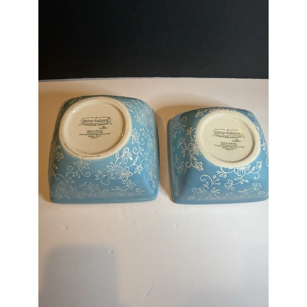 Temp-tations by Tara Floral Lace Blue Square Nesting Bowls Set 1 & 1.5 Qt